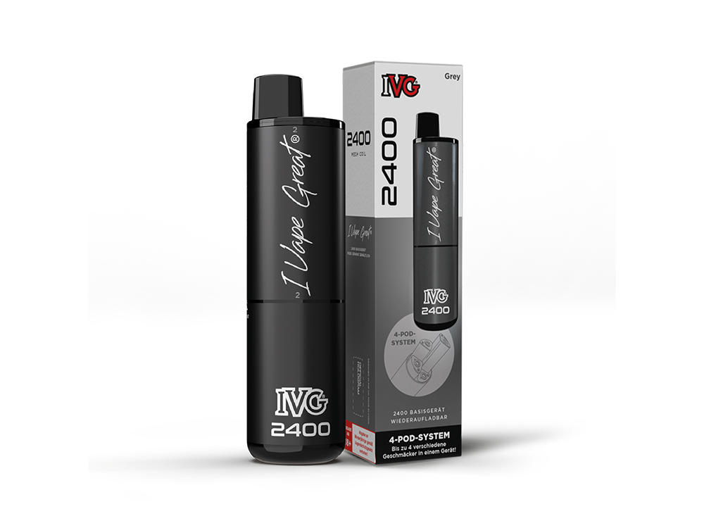 Verpackung des IVG - 2400 Akku, das die wichtigsten Merkmale und Vorteile des Produkts aufzeigt, darunter die Zugautomatik und die 1000 mAh Kapazität.