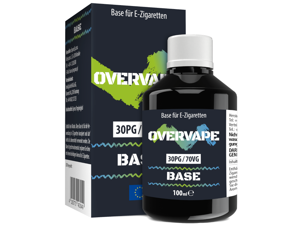 Overvape Basis mit angewendeten Mischungsverhältnissen von 50/50 und 30/70 PG/VG.