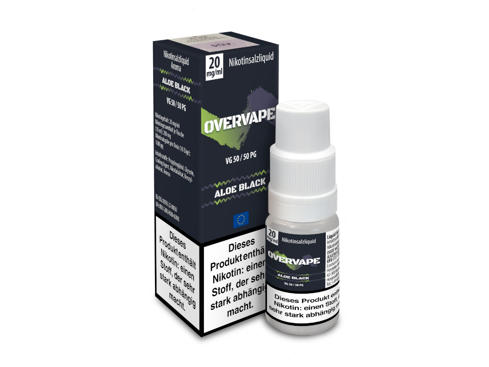 Overvape Nikotinsalz Liquid Aloe Black mit 20 mg/ml Nikotin, 10 ml Flasche, enthält Traubengeschmack und einen Hauch von schwarzer Johannisbeere.