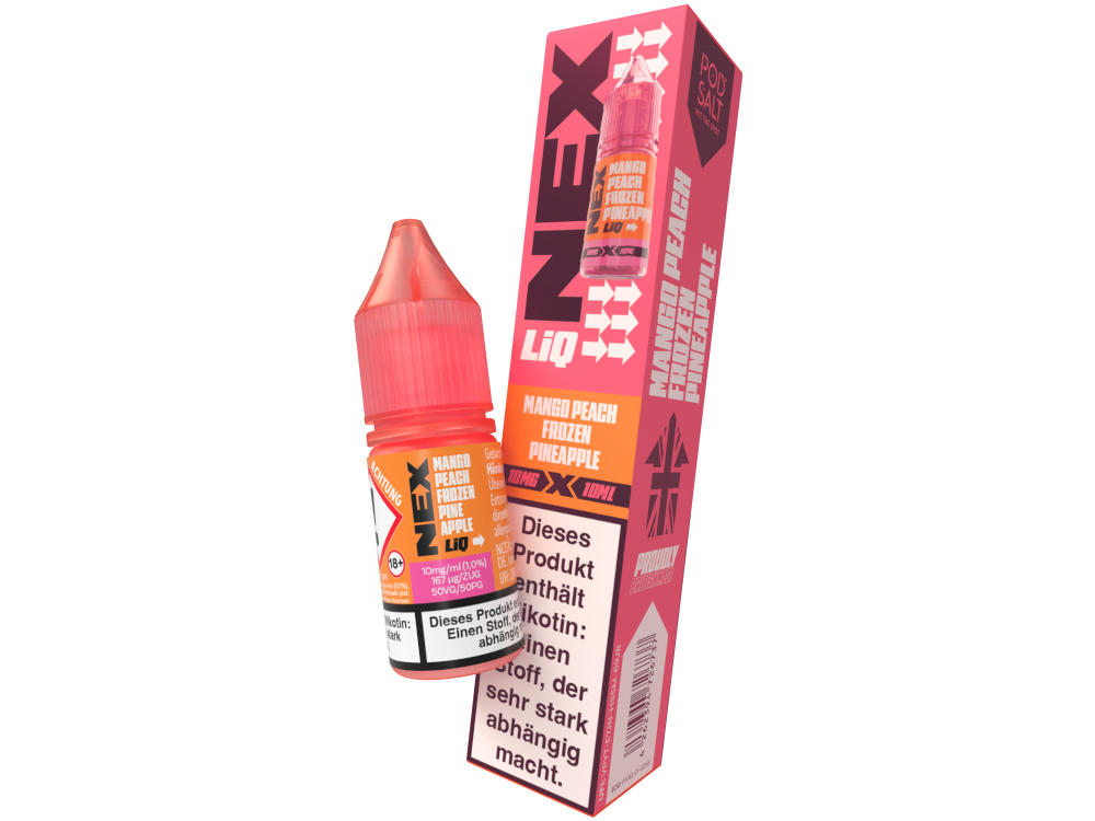 Pod Salt NexLiq Nikotinsalz Liquid Mango Peach Frozen Pineapple, nikotinfrei mit frischen, tropischen Aromen aus Mango und Ananas für ein erfrischendes Dampferlebnis.