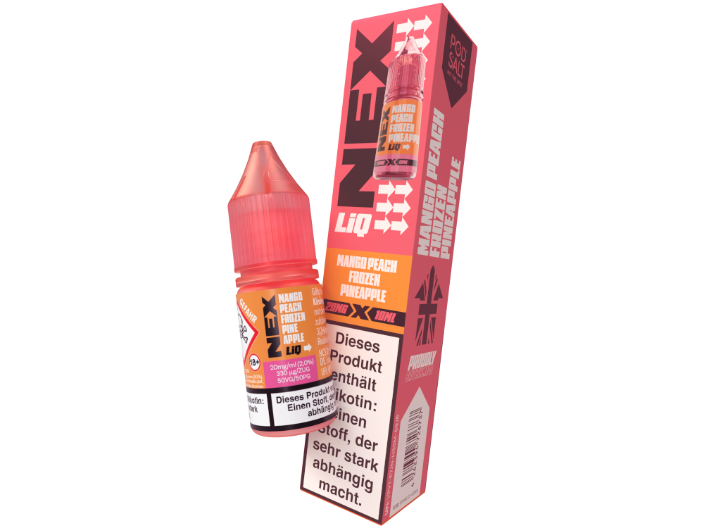 Pod Salt NexLiq Nikotinsalz Liquid Mango Peach Frozen Pineapple 10ml Flasche für E-Zigaretten, mit fruchtigem Geschmack von Mango, Pfirsich und Ananas.