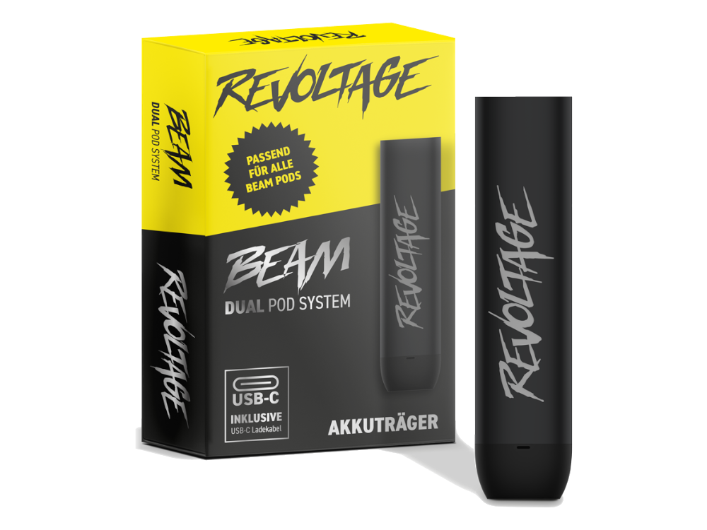 Revoltage - Beam Akku 500 mAh Basisgerät in schwarzer Farbe, präsentiert in einer gelben Verpackung mit USB-C Anschluss und Zugautomatik für ein modernes Dampferlebnis.