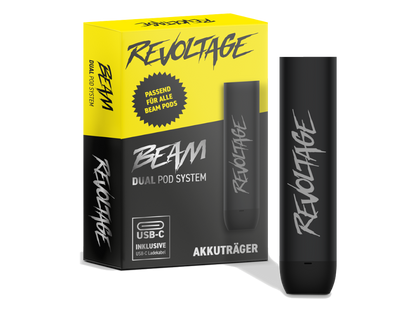Revoltage - Beam Akku 500 mAh Basisgerät in schwarzer Farbe, präsentiert in einer gelben Verpackung mit USB-C Anschluss und Zugautomatik für ein modernes Dampferlebnis.