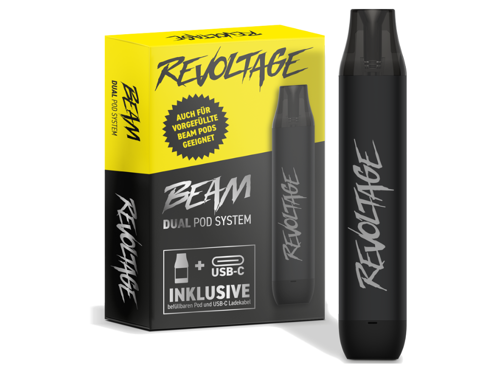 Revoltage - Beam Dual Pod System mit 500 mAh Akku und 2 ml Tankvolumen, ideal für E-Liquid Nutzer. Zeigt den Beam Akku und den Leer-Pod.