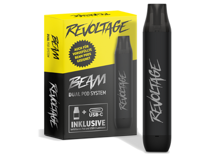 Revoltage - Beam Dual Pod System mit 500 mAh Akku und 2 ml Tankvolumen, ideal für E-Liquid Nutzer. Zeigt den Beam Akku und den Leer-Pod.
