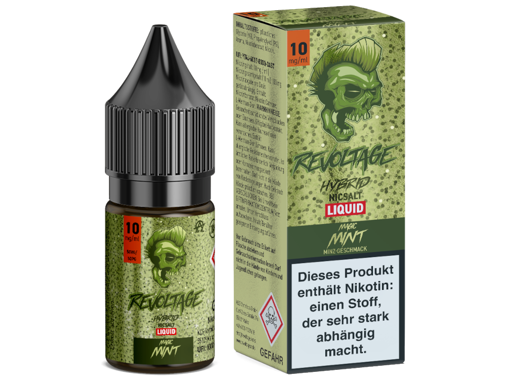Das Produktetikett von Revoltage Magic Mint Hybrid Nikotinsalz Liquid, das erfrischende Minznoten und eine hochwertige Zusammensetzung für ein unvergleichliches Dampferlebnis zeigt.
