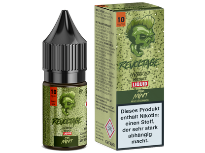 Das Produktetikett von Revoltage Magic Mint Hybrid Nikotinsalz Liquid, das erfrischende Minznoten und eine hochwertige Zusammensetzung für ein unvergleichliches Dampferlebnis zeigt.