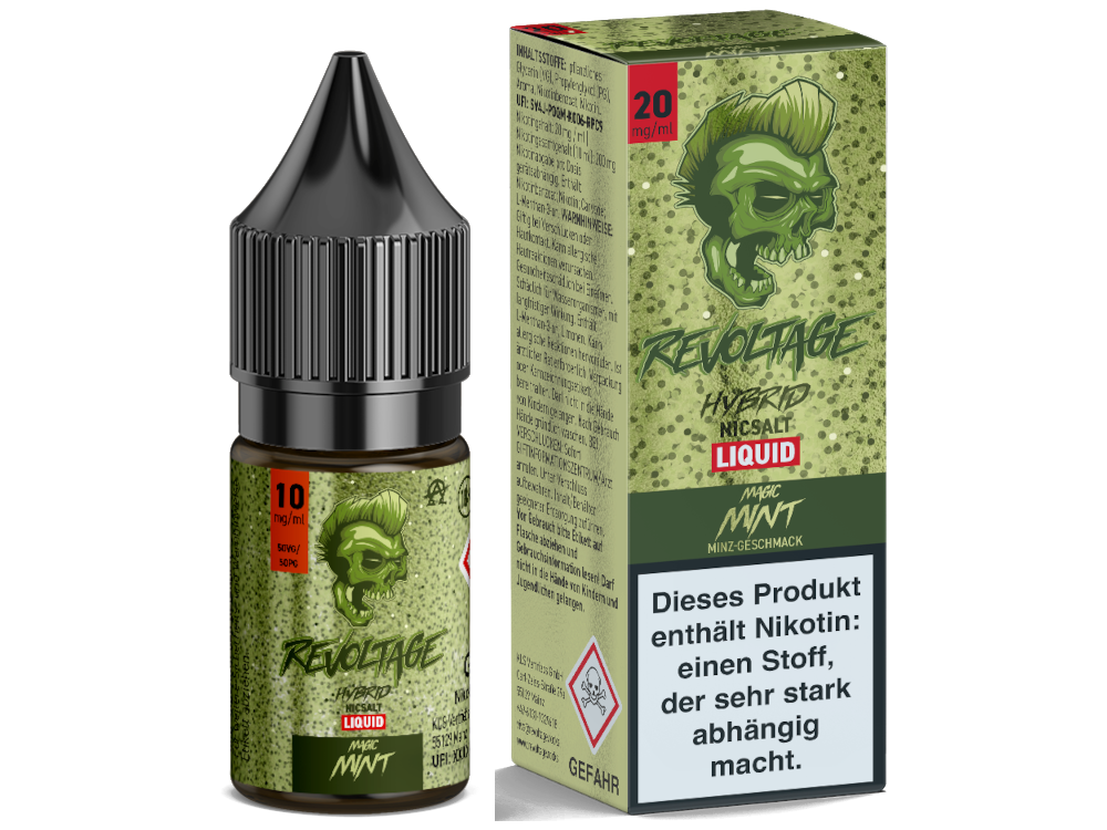 Revoltage Magic Mint Hybrid Nikotinsalz Liquid in einer 10ml Flasche mit erfrischendem Minzgeschmack, erhältlich in 10mg/ml und 20mg/ml Nikotinstärken für E-Zigaretten Nutzer.