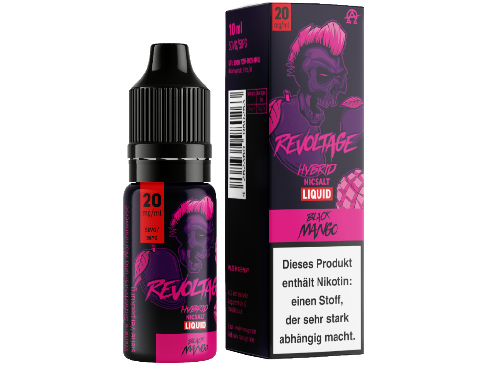 Revoltage Hybrid Nikotinsalz Liquid Black Mango in 10ml Flasche mit 0mg, 10mg, 20mg/ml Nikotinstärken, für E-Zigaretten.