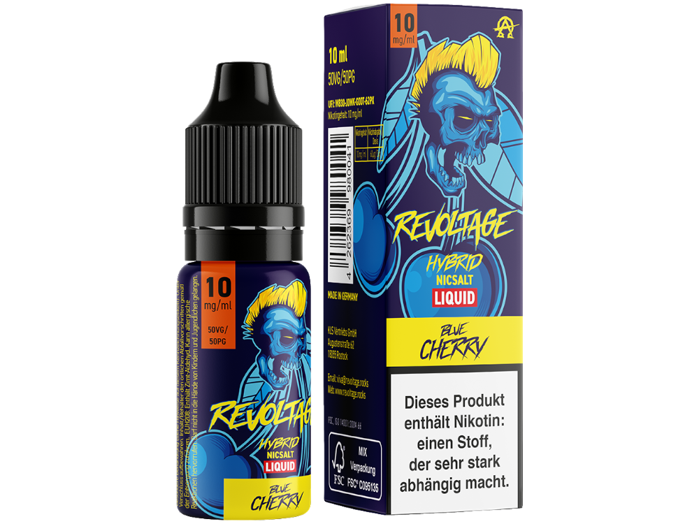 Revoltage Hybrid Nikotinsalz Liquid Blue Cherry in 10mg/ml - Geschmack von Kirschen mit frischer Note, ideal für E-Zigaretten Nutzer.