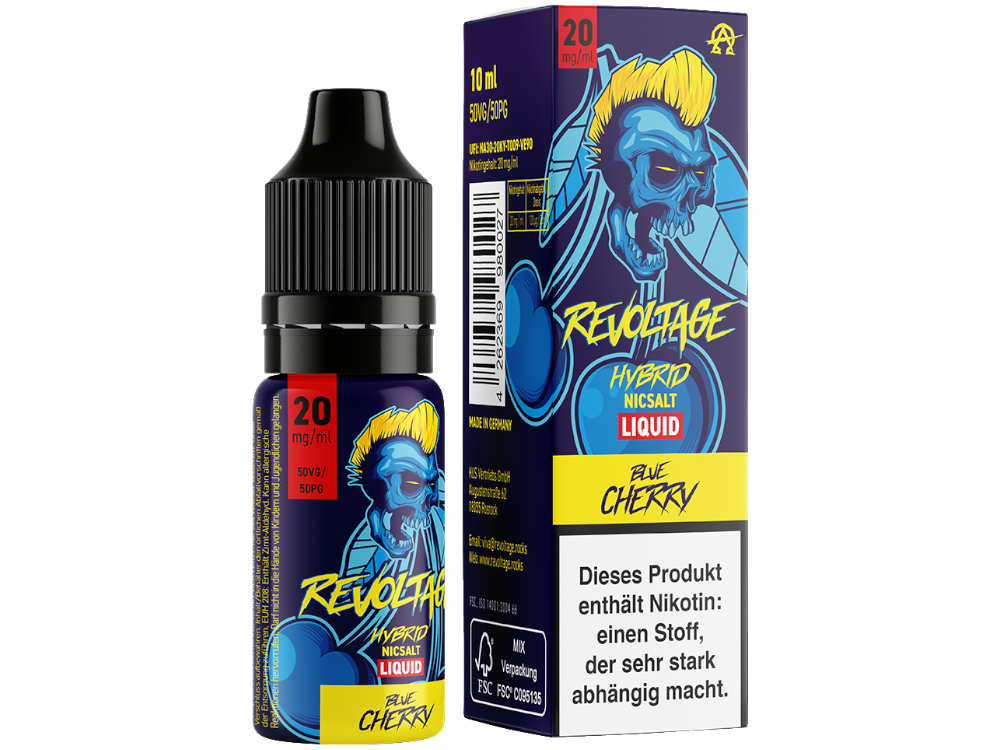 Revoltage Hybrid Nikotinsalz Liquid Blue Cherry in 10mg/ml und 20mg/ml Nikotinstärken - Hochwertiges E-Zigaretten Liquid von RavenSmoke DE.