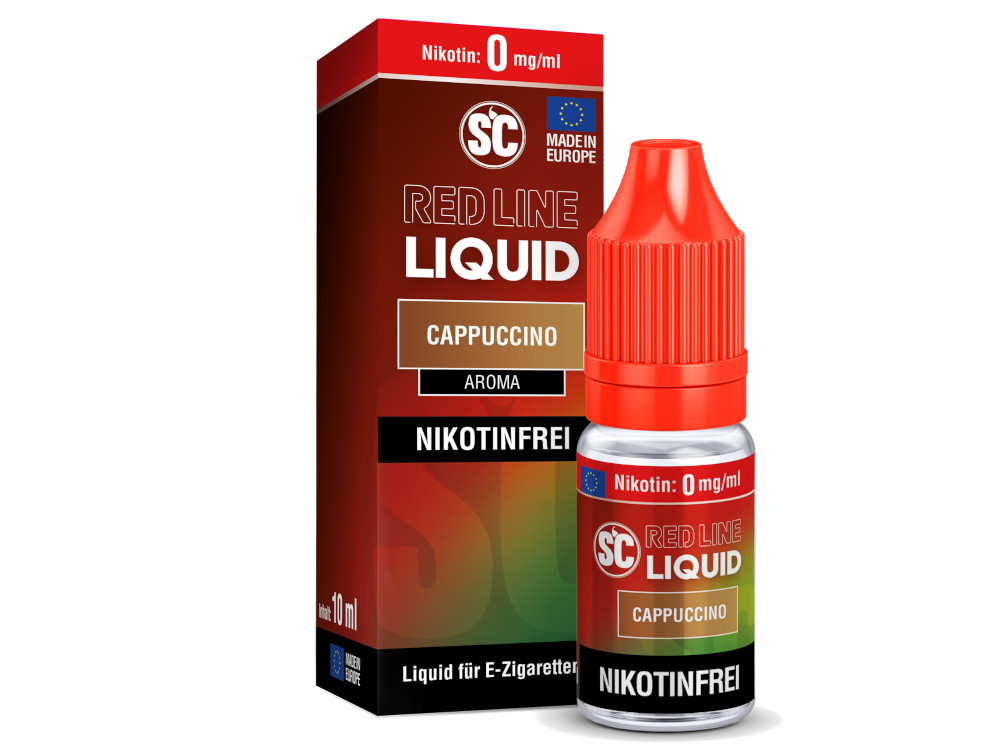 Das SC Red Line Cappuccino Nikotinsalz Liquid, das intensiven Kaffee- und Vanillegeschmack in einem eleganten Design bietet, perfekt für Dampfer.