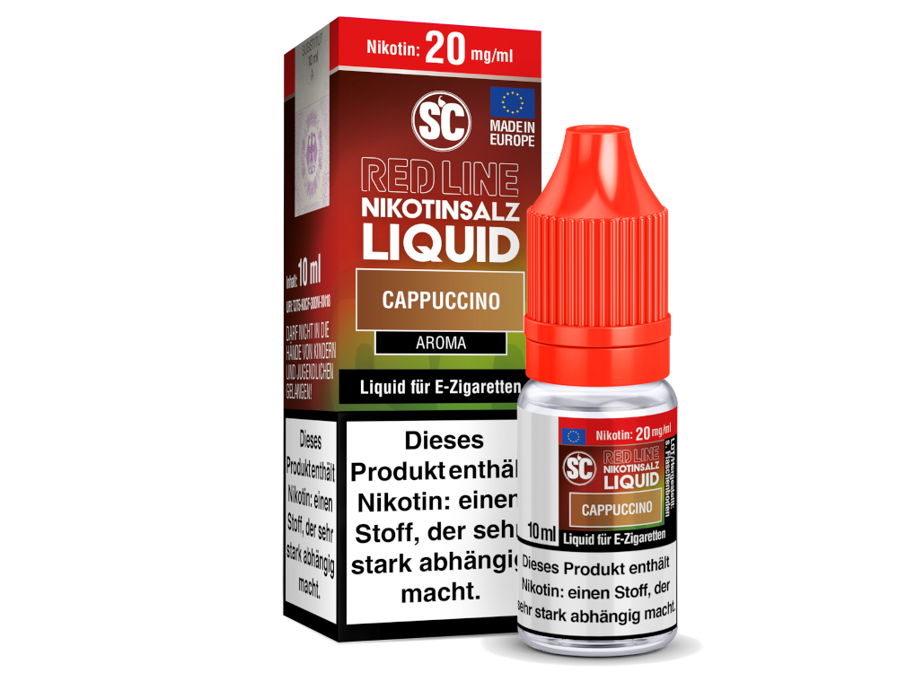 Details zu den Inhaltsstoffen des Cappuccino Nikotinsalz Liquids aus der SC Red Line Serie, ideal für eine geschmackvolle Dampferfahrung.