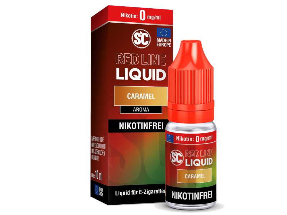 Karamellgeschmack des SC Red Line Nikotinsalz Liquids, abgebildet auf dem Produktetikett, ideal für Dampfer.