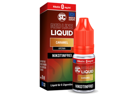 Karamellgeschmack des SC Red Line Nikotinsalz Liquids, abgebildet auf dem Produktetikett, ideal für Dampfer.