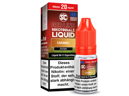 Detailaufnahme des SC Red Line Karamell Nikotinsalz Liquids, vermittelt den intensiven und süßen Geschmack von Karamell beim Dampfen.