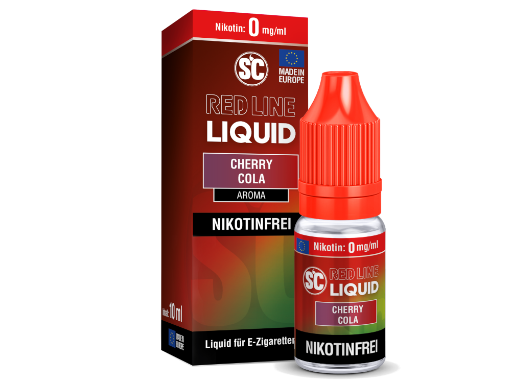 Produktinformation über die SC Red Line Cherry Cola Nikotinsalz Liquid, hervorgehobene Aromastärken und Inhaltsstoffe.