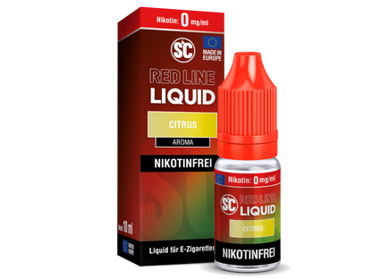 Produktansicht des SC Red Line Citrus Nikotinsalz Liquids, mit klarer Kennzeichnung der Inhaltsstoffe und Nikotinstärken für bewusste Dampfer.