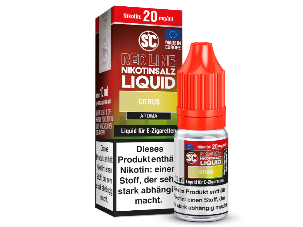 Zoom auf die Verpackung des SC Red Line Citrus Nikotinsalz Liquids, zeigt die 0-20 mg/ml Nikotinstärken, hochwertiges Aroma, ideal für Einsteiger und erfahrene Dampfer.