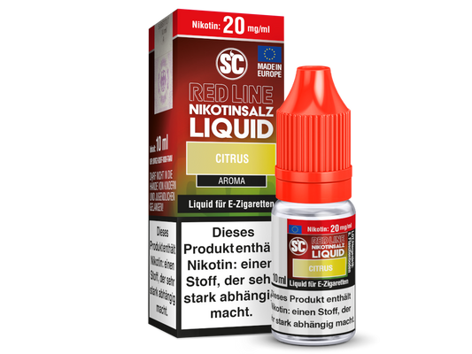 Zoom auf die Verpackung des SC Red Line Citrus Nikotinsalz Liquids, zeigt die 0-20 mg/ml Nikotinstärken, hochwertiges Aroma, ideal für Einsteiger und erfahrene Dampfer.