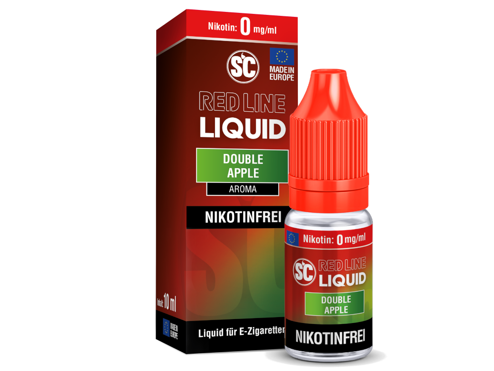 Inhaltsstoffe des SC Red Line Double Apple Nikotinsalz Liquids, etikettiert für 0 mg/ml, 5 mg/ml, 10 mg/ml und 20 mg/ml.