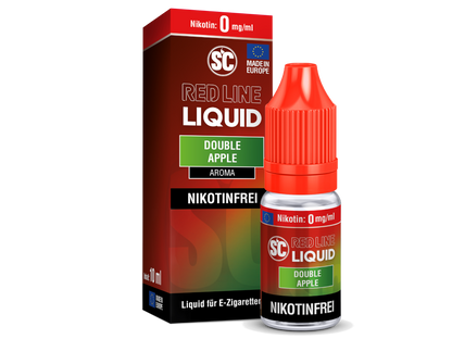 Inhaltsstoffe des SC Red Line Double Apple Nikotinsalz Liquids, etikettiert für 0 mg/ml, 5 mg/ml, 10 mg/ml und 20 mg/ml.