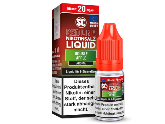 Verschiedene Nikotinstärken für SC Red Line Double Apple Liquid: 0 mg/ml, 5 mg/ml, 10 mg/ml und 20 mg/ml.