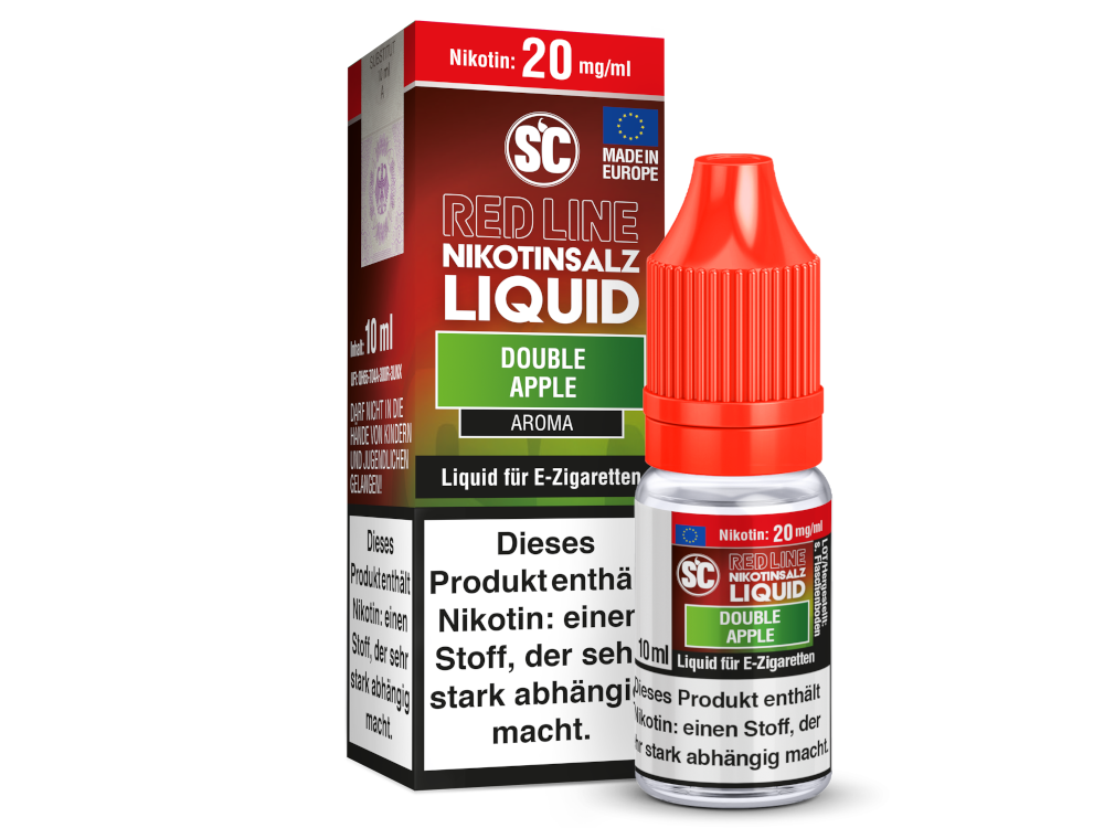 SC Red Line Nikotinsalz Liquid mit einer Grafik zur Beschreibung des intensiven Apfel-Geschmacks mit Menthol.