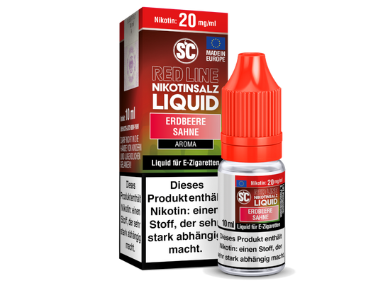 Die Flasche des SC Red Line Erdbeere Sahne Nikotinsalz Liquid, die den einzigartigen, cremigen Erdbeergeschmack symbolisiert.