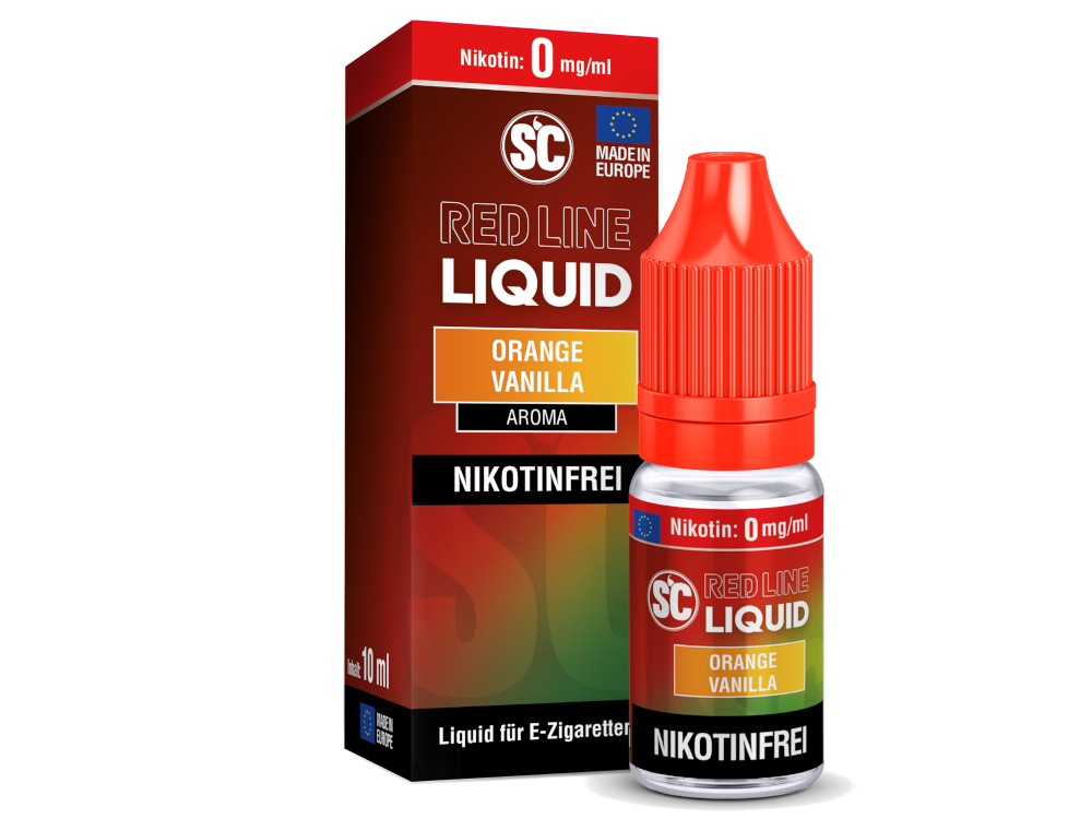 Schickes Packaging des SC Red Line Orange Vanilla Nikotinsalz Liquids, das die Einzigartigkeit und Intensität der Aromen in den Vordergrund stellt.