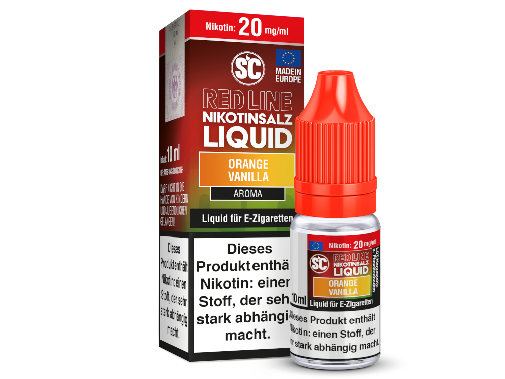 Detailaufnahme der Flasche des SC Red Line Orange Vanilla Nikotinsalz Liquids, die die hochwertigen Inhaltsstoffe wie Glycerin und Propylenglycol hervorhebt.