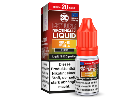 Detailaufnahme der Flasche des SC Red Line Orange Vanilla Nikotinsalz Liquids, die die hochwertigen Inhaltsstoffe wie Glycerin und Propylenglycol hervorhebt.