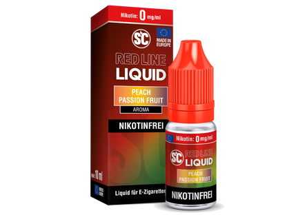 SC Red Line Peach Passion Fruit Nikotinsalz Liquid - Intensiver Pfirsich-Marakujageschmack, visuelle Darstellung der Fruchtaromen in einer E-Zigarette.