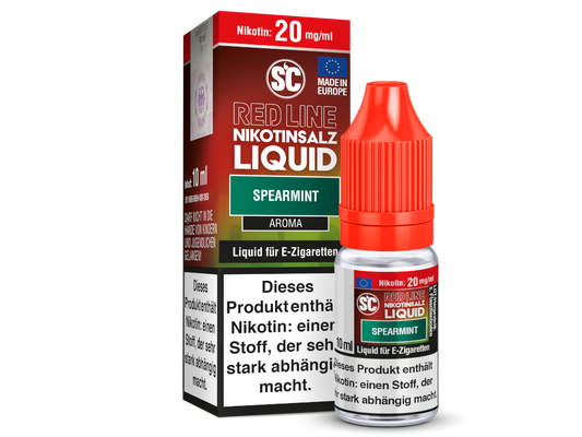 Produktverpackung von SC Red Line Spearmint Nikotinsalz Liquid, bekannt für seinen erfrischenden Minzgeschmack.