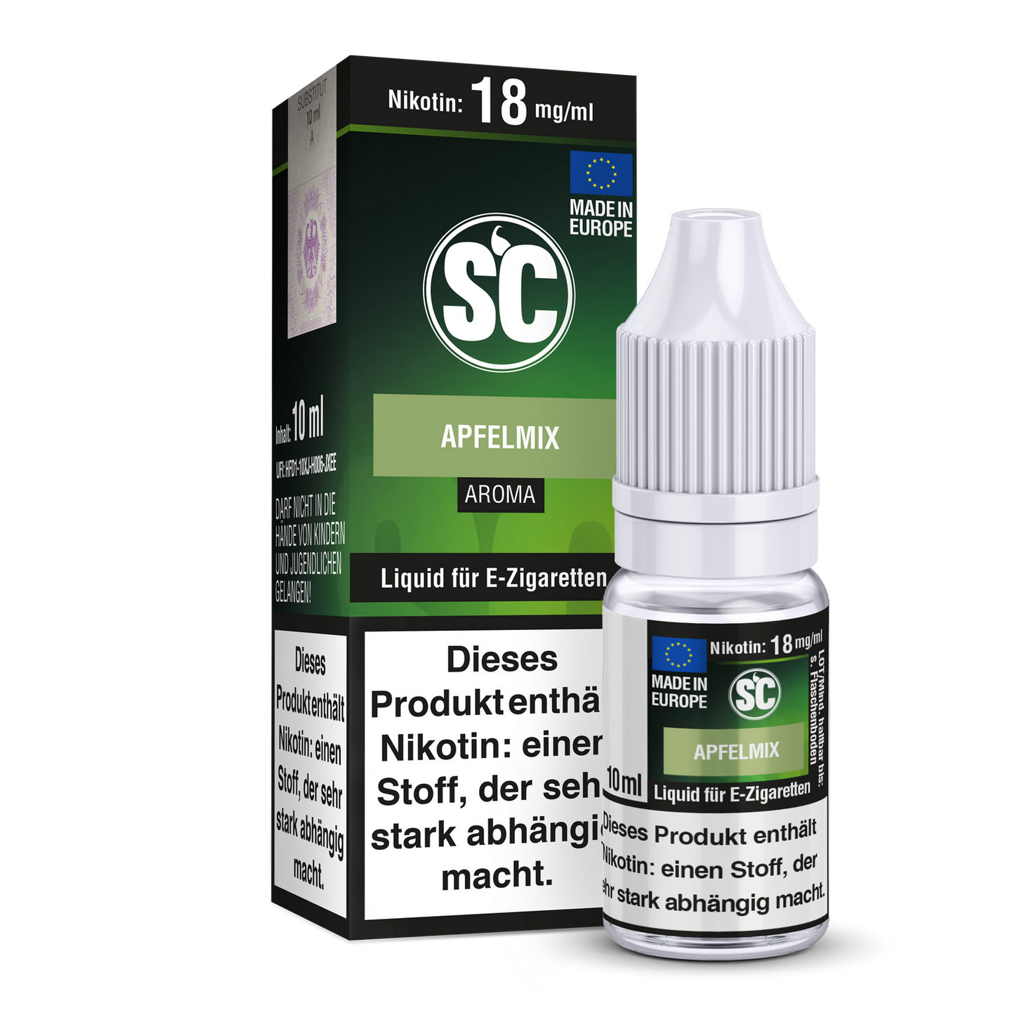 Apfelmix E-Zigaretten Liquid von SC in fünf Nikotinstärken, perfekt für individuelles Dampfen und fruchtige Erlebnisse.