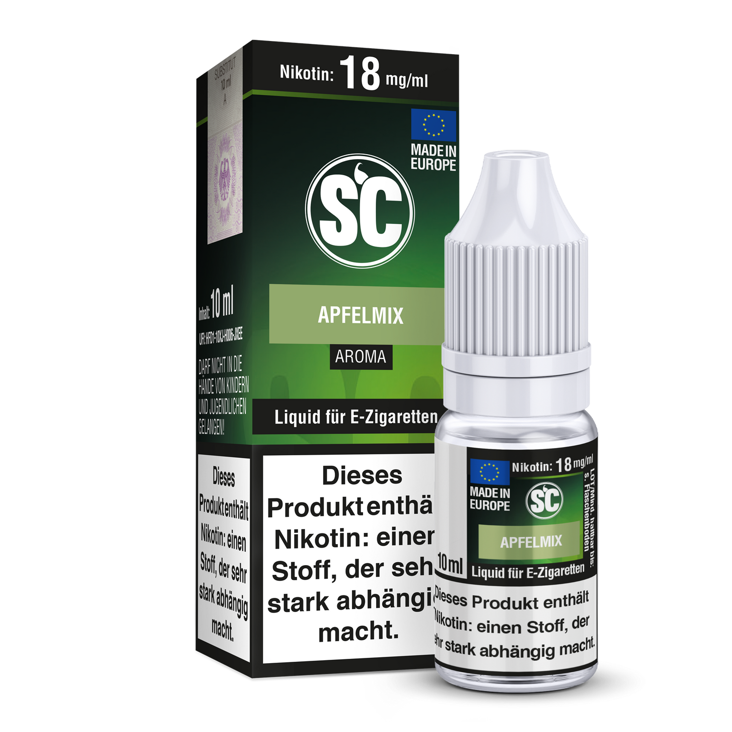 Apfelmix E-Zigaretten Liquid von SC in fünf Nikotinstärken, perfekt für individuelles Dampfen und fruchtige Erlebnisse.