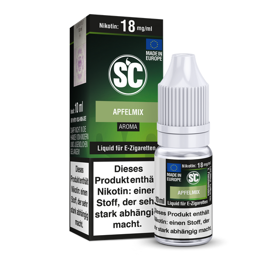 Apfelmix E-Zigaretten Liquid von SC in fünf Nikotinstärken, perfekt für individuelles Dampfen und fruchtige Erlebnisse.