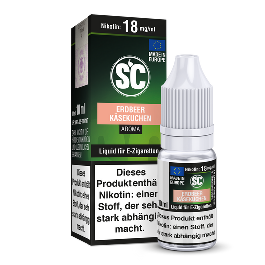 Erdbeer Käsekuchen E-Liquid Flasche mit 10ml von SC, präsentiert in einer hochwertigen Verpackung, ideal für E-Zigaretten bei verschiedenen Dampfstilen.