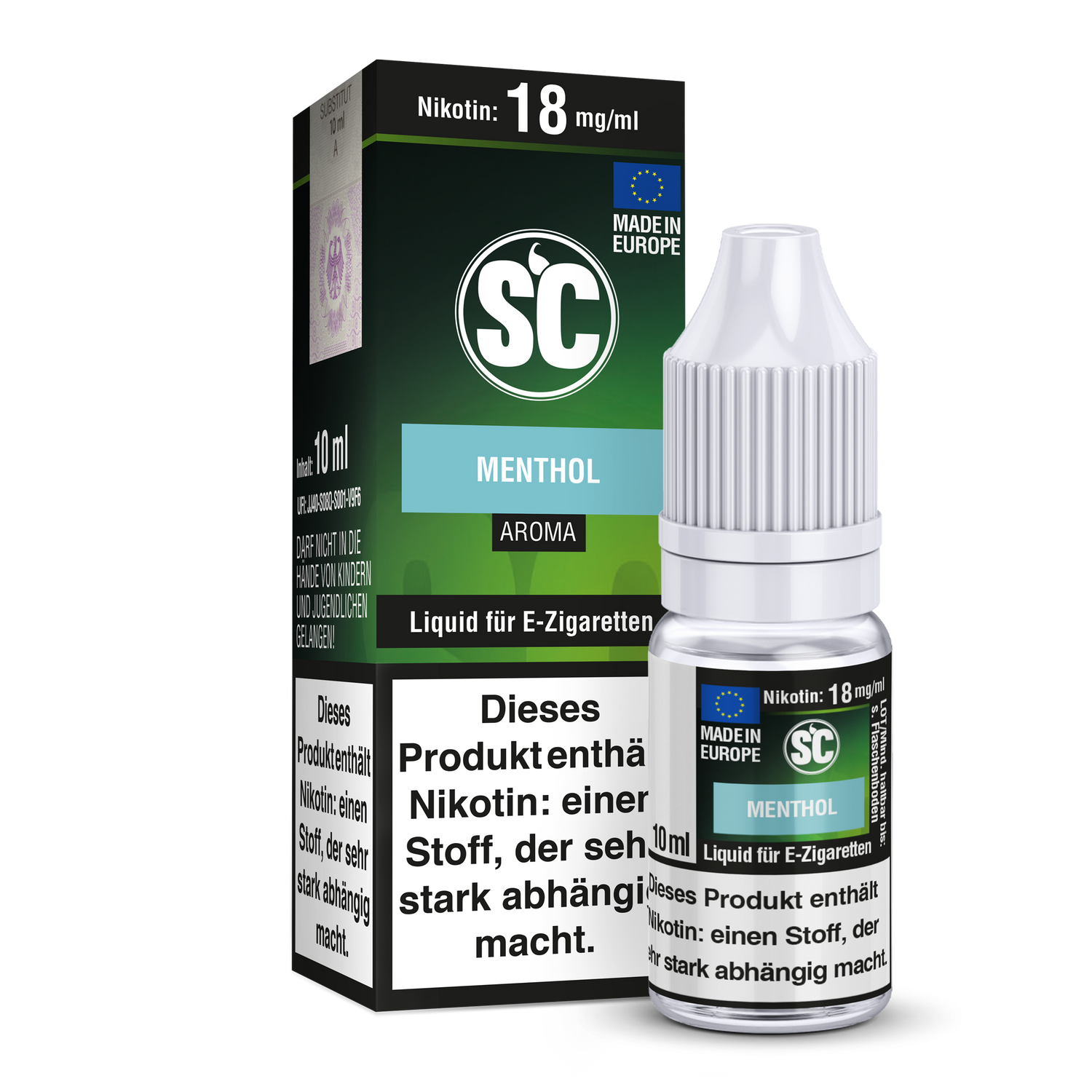 Piktogramme und Sicherheitsinformationen gemäß CLP-Verordnung für SC Menthol E-Zigaretten Liquid mit 12mg/ml Nikotinstärke.