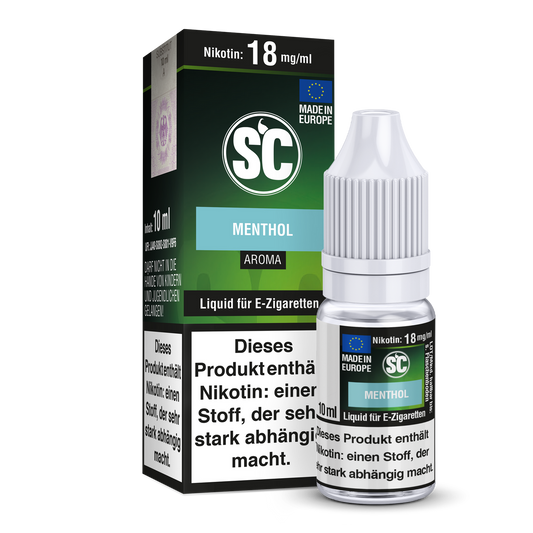 SC Menthol E-Zigaretten Liquid Flasche mit 10ml E-Liquid, erhältlich in 5 verschiedenen Nikotinstärken von RavenSmoke DE.