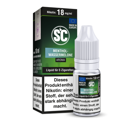 Verpackung des SC Menthol Wassermelone E-Liquids mit detaillierten Inhaltsstoffen und verfügbaren Nikotinstärken.
