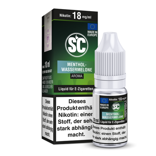 Verpackung des SC Menthol Wassermelone E-Liquids mit detaillierten Inhaltsstoffen und verfügbaren Nikotinstärken.