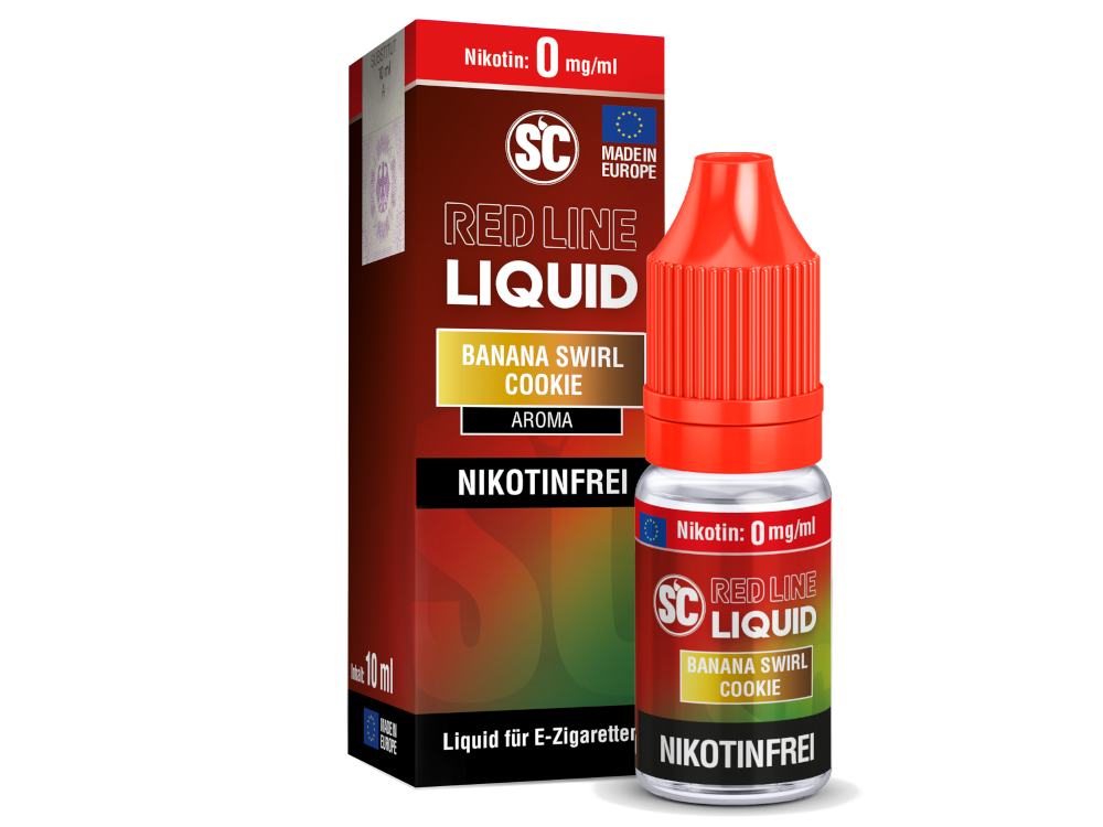 Illustration der Zutatenliste für SC Red Line Banana Swirl Cookie Nikotinsalz Liquid, zeigt frische Bananen und vielfältige Aromen.