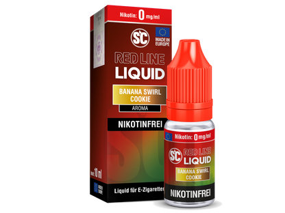 Illustration der Zutatenliste für SC Red Line Banana Swirl Cookie Nikotinsalz Liquid, zeigt frische Bananen und vielfältige Aromen.