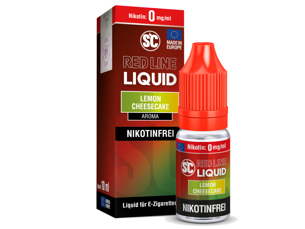 Verpackung des SC Red Line Lemon Cheesecake Nikotinsalz Liquids, das die Dampferfahrung durch intensiven Geschmack bereichert.