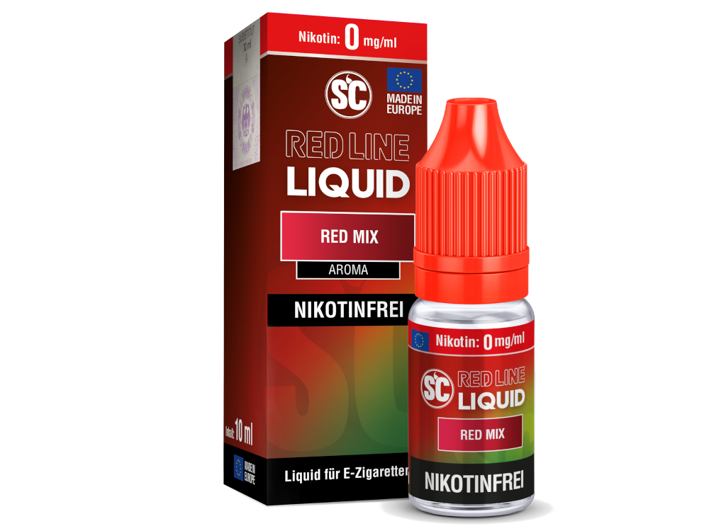 Flasche des SC Red Line Red Mix von RavenSmoke DE, erhältlich in verschiedenen Nikotinstärken für individuelles Dampfen.