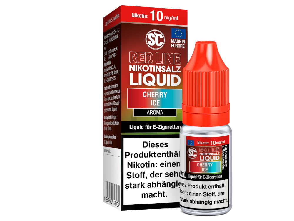 Inhaltsstoffe des SC Red Line Cherry Ice Nikotinsalz Liquids in einer detaillierten Liste, einschließlich Glycerin und Aroma