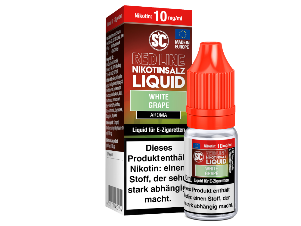 SC - Red Line - White Grape Nikotinsalz Liquid in der 0 mg/mL Variante, dargestellt auf einem eleganten Hintergrund.