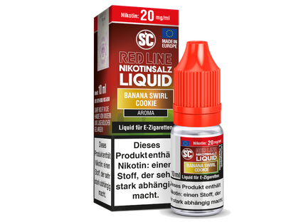 Nahaufnahme der Flasche SC Red Line Banana Swirl Cookie Nikotinsalz Liquid, der die Qualität und Aromabezeichnung zeigt.
