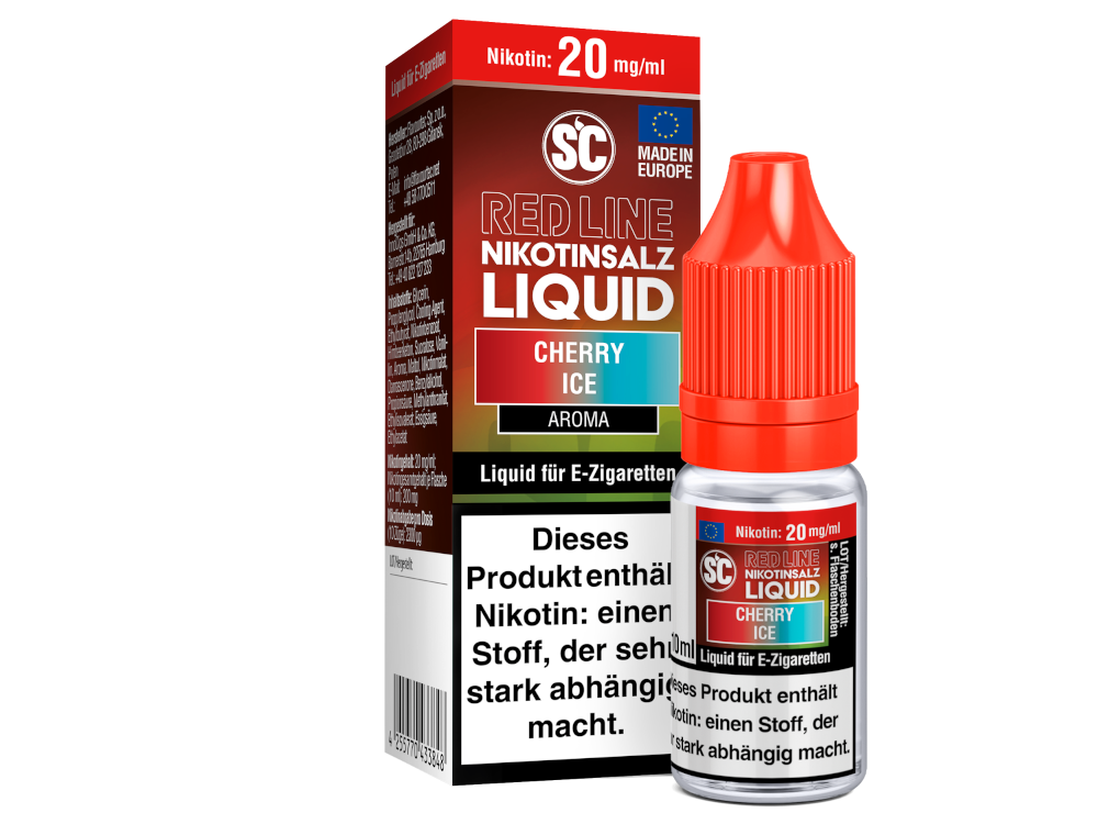 Verpackung des SC Red Line Cherry Ice Nikotinsalz Liquids mit grafischen Hinweisen zur Geschmacksrichtung und Nikotinstärke